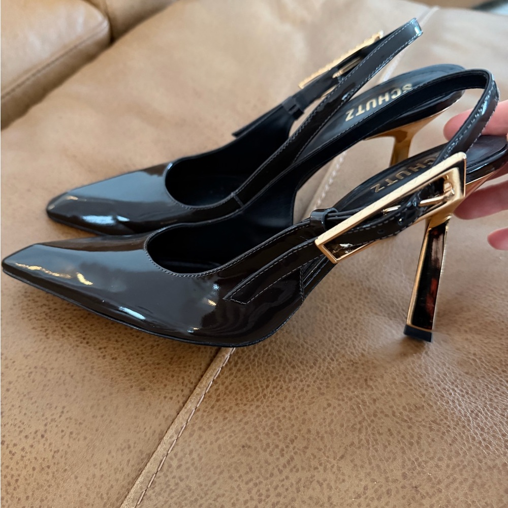 SCHUTZ Chocolate Brown Patent Slingback Heels with Gold Buckle